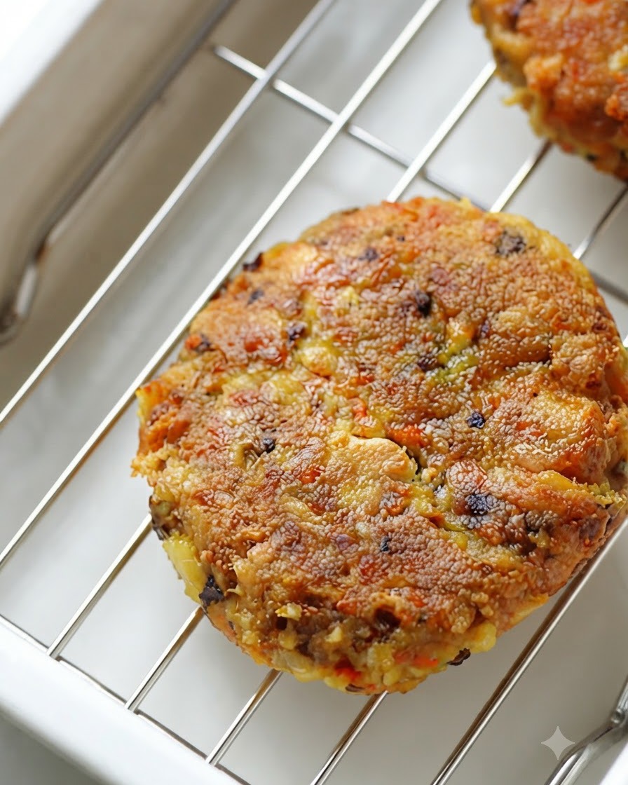 A freshly fried golden brown vegan burger patty resting on a wire cooling rack.