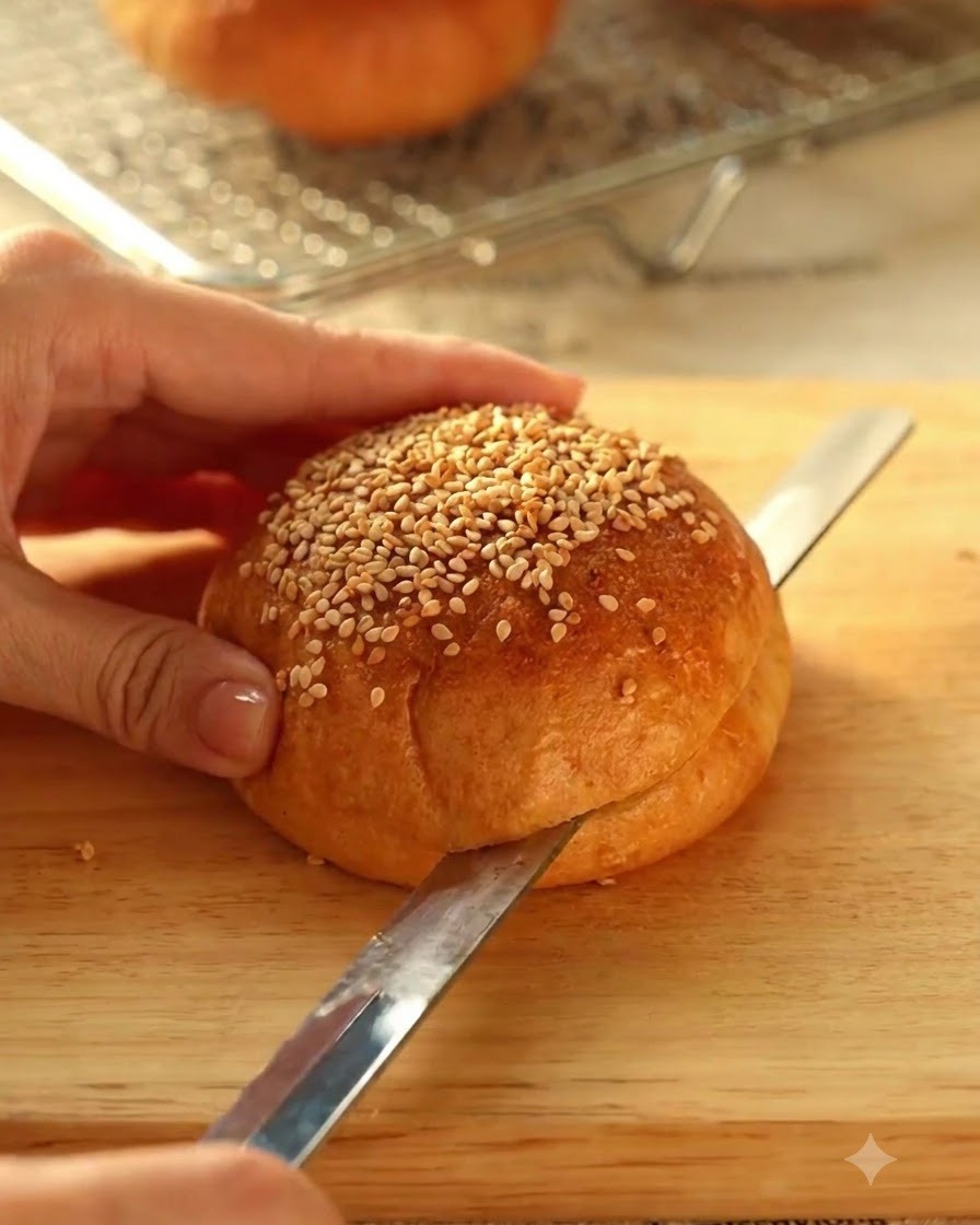 A baked sesame seed burger bun being sliced horizontally in half with a knife on a wooden board.