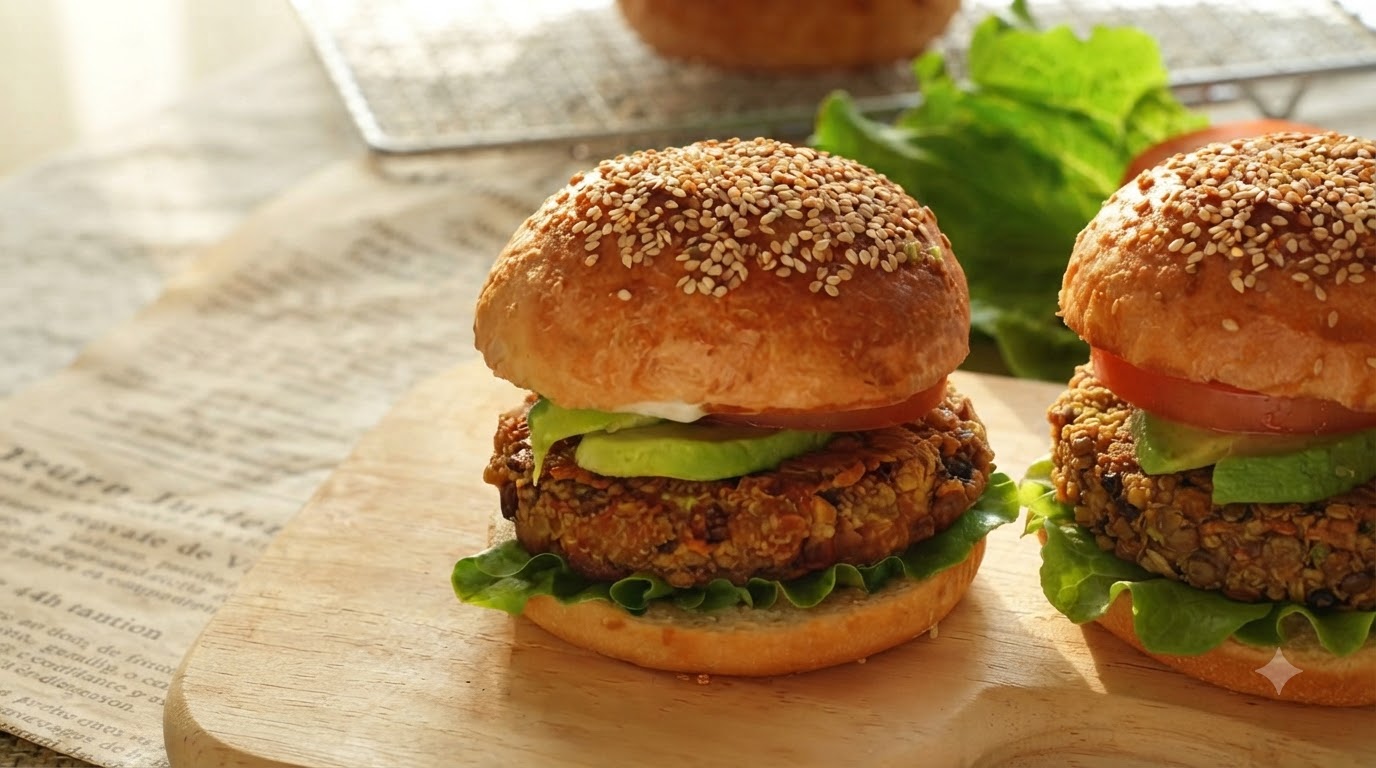 Vegan Burger with Homemade Patties, Buns, and Salad Dressing