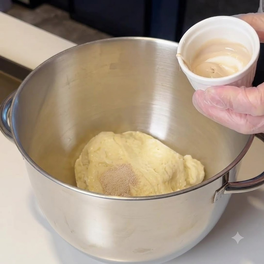 A stand mixer bowl containing dough and yeast mixture ready to be beaten.