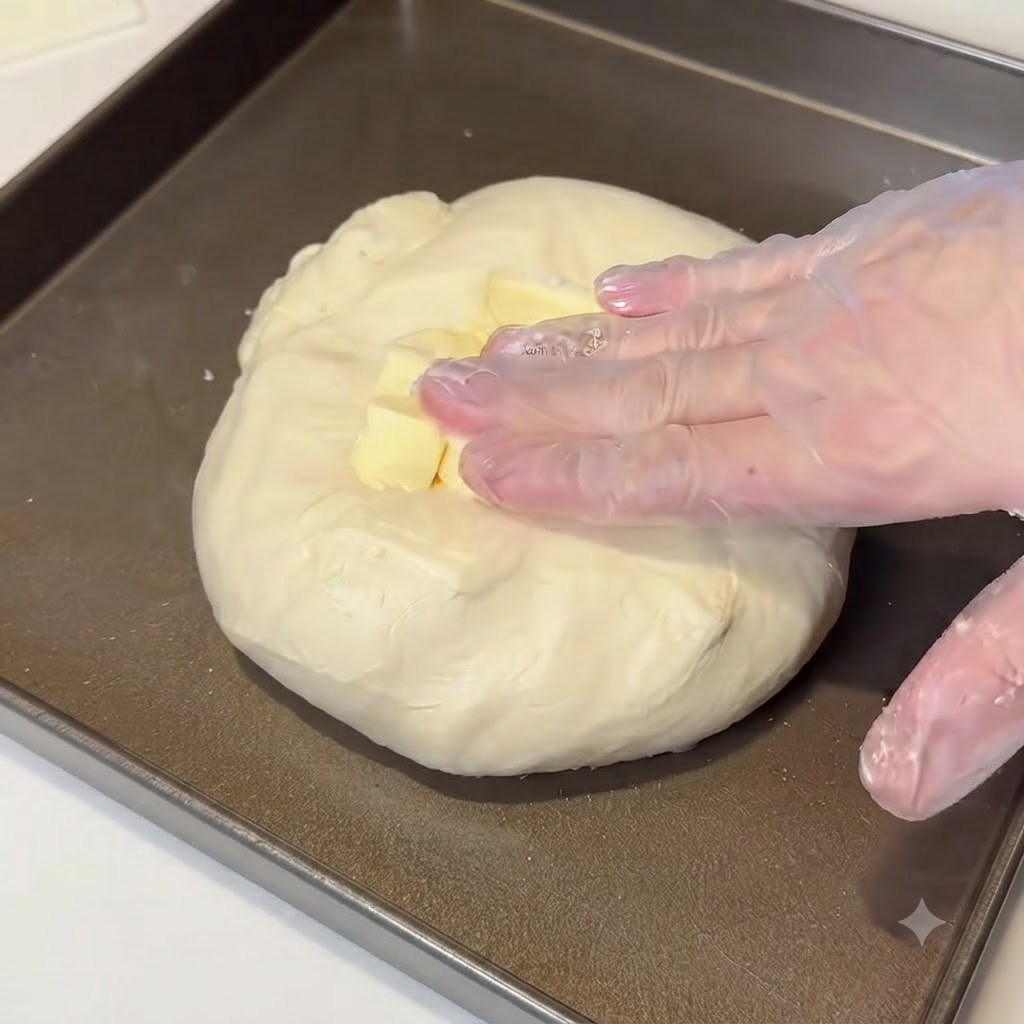 Chunks of softened butter placed on top of the dough inside a baking tray.