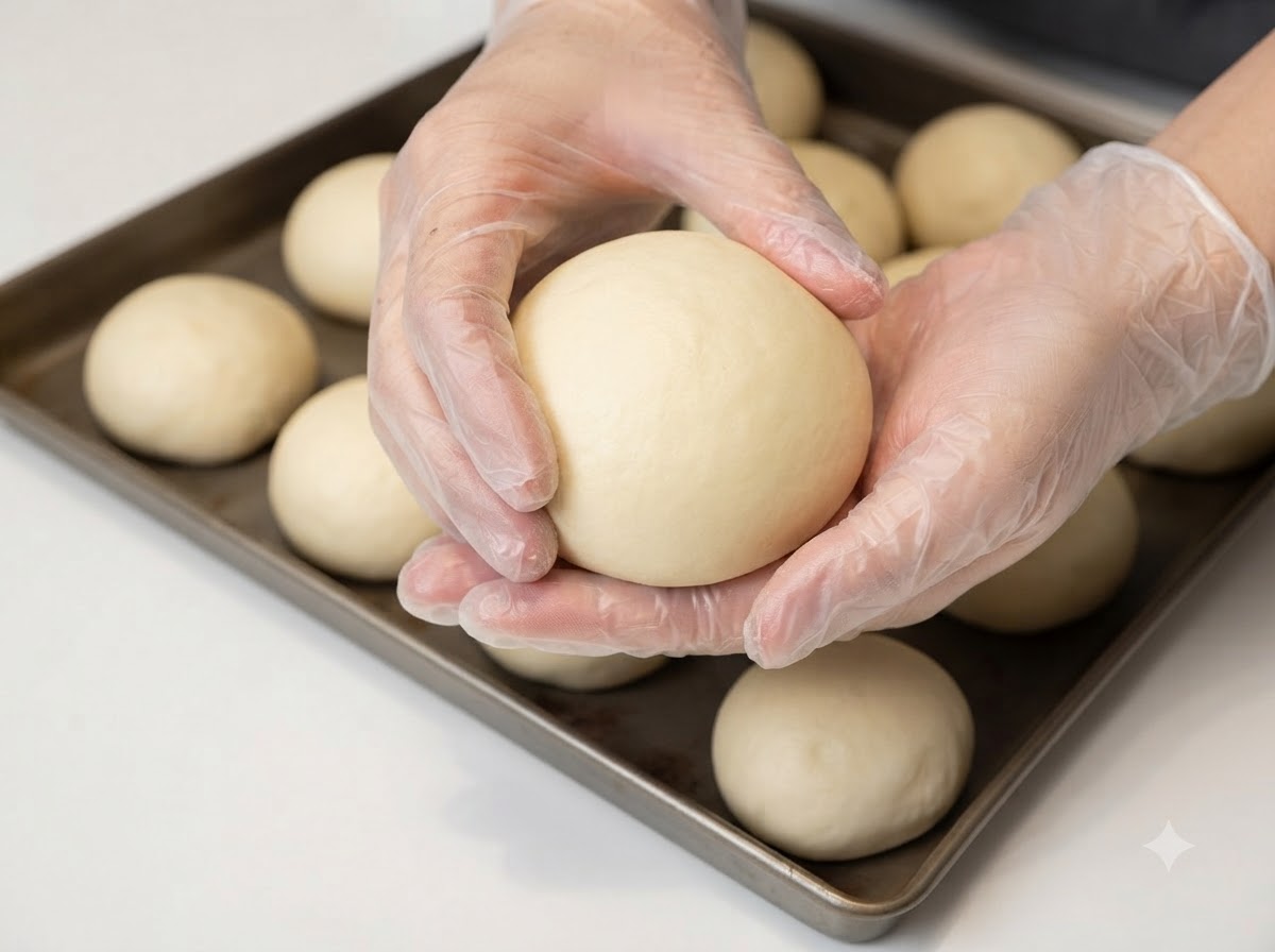 Hands gently shaping and holding a rounded portion of dough.