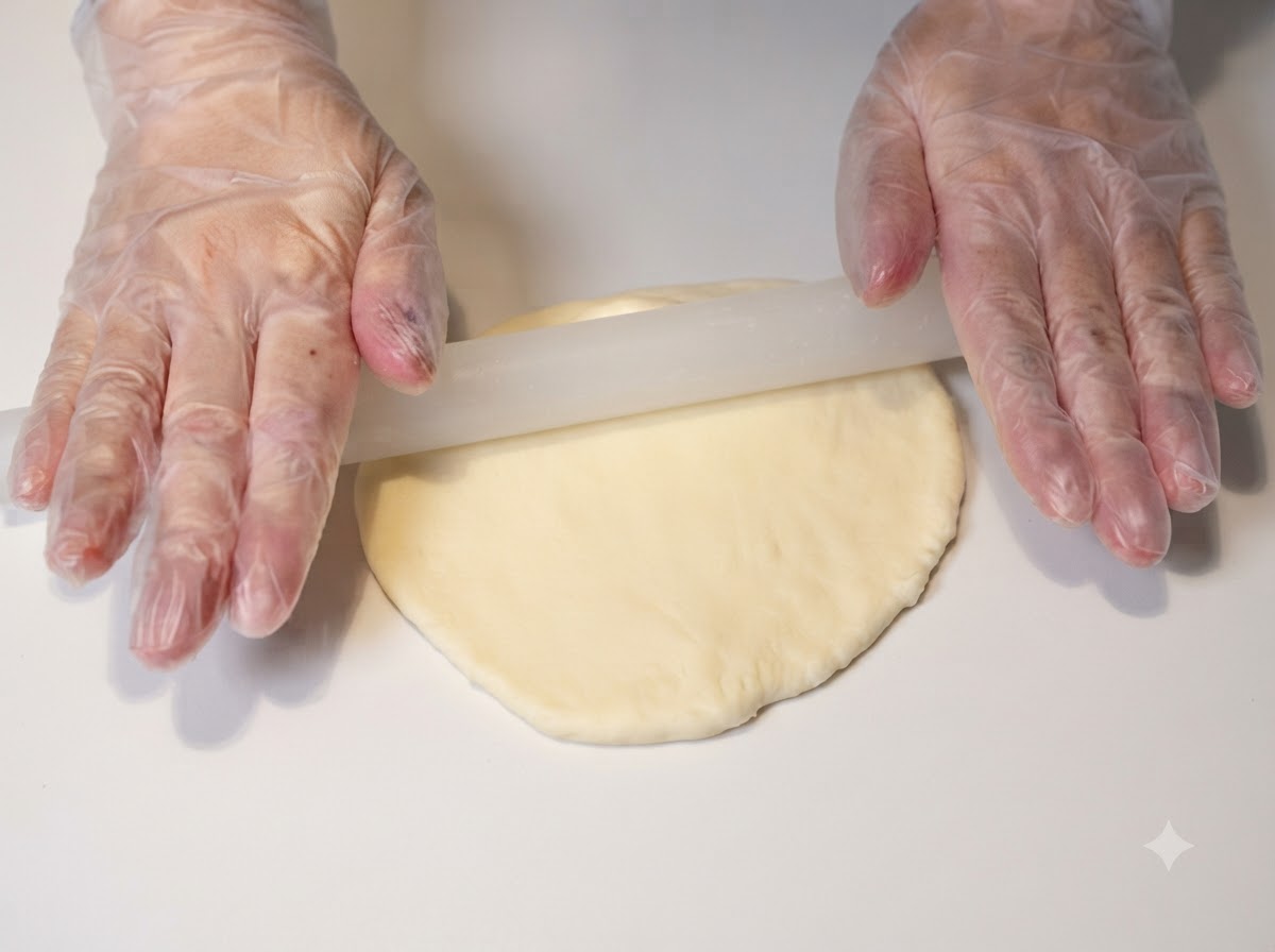 Dough piece being flattened on a white surface with a rolling pin, removing large air bubbles.