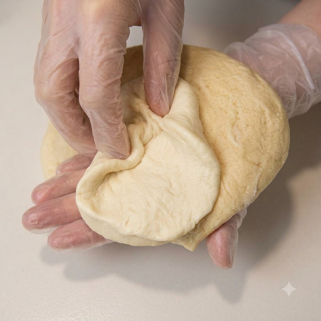 Hands folding and tucking dough to form a tightly sealed, smooth round bun.