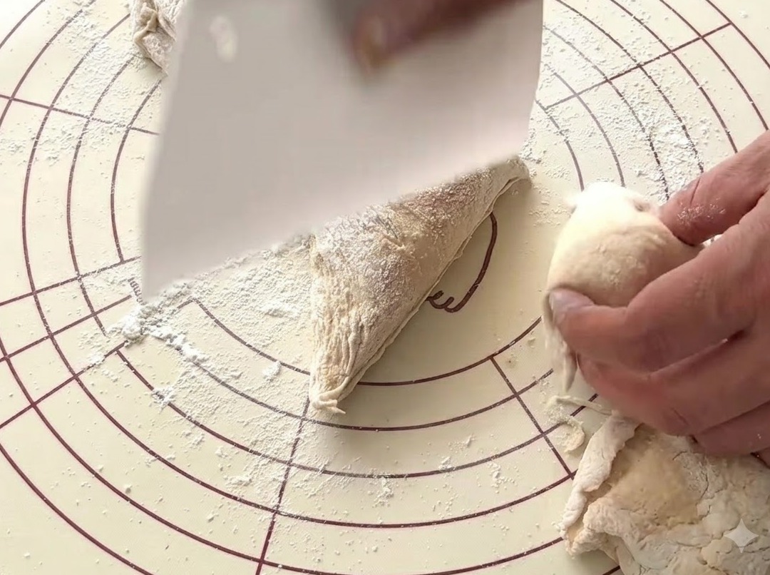 A white dough scraper cutting fermented dough into portions on a flour-dusted mat.