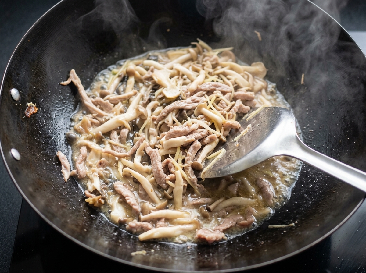 Enoki mushrooms being added into the wok with other ingredients.