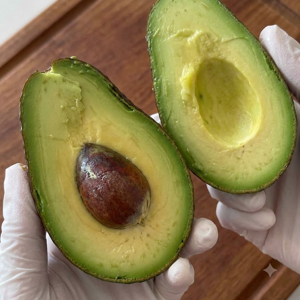 An avocado cut into thin slices on a wooden cutting board.