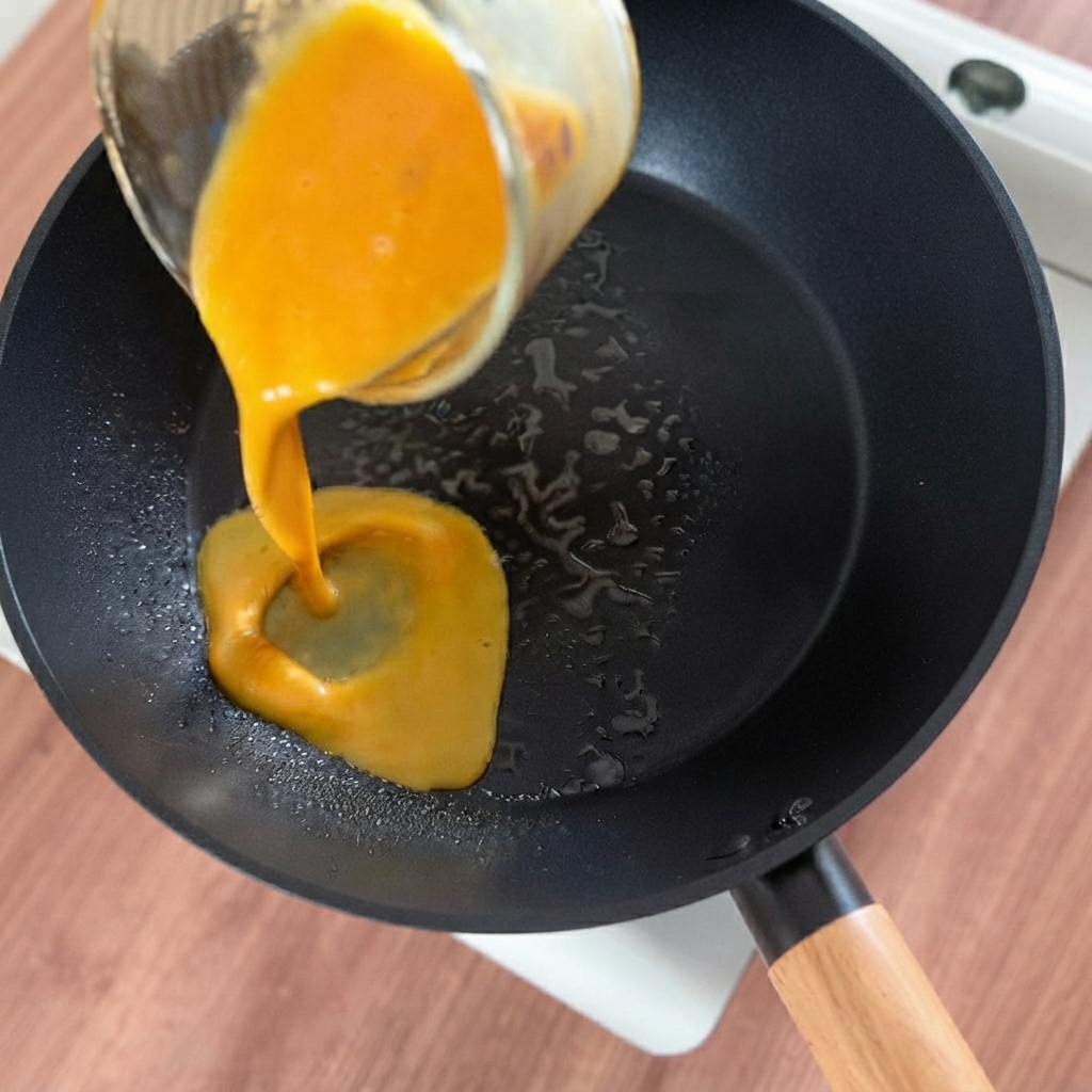 Beaten eggs being poured into a hot frying pan to form a thin omelet layer.