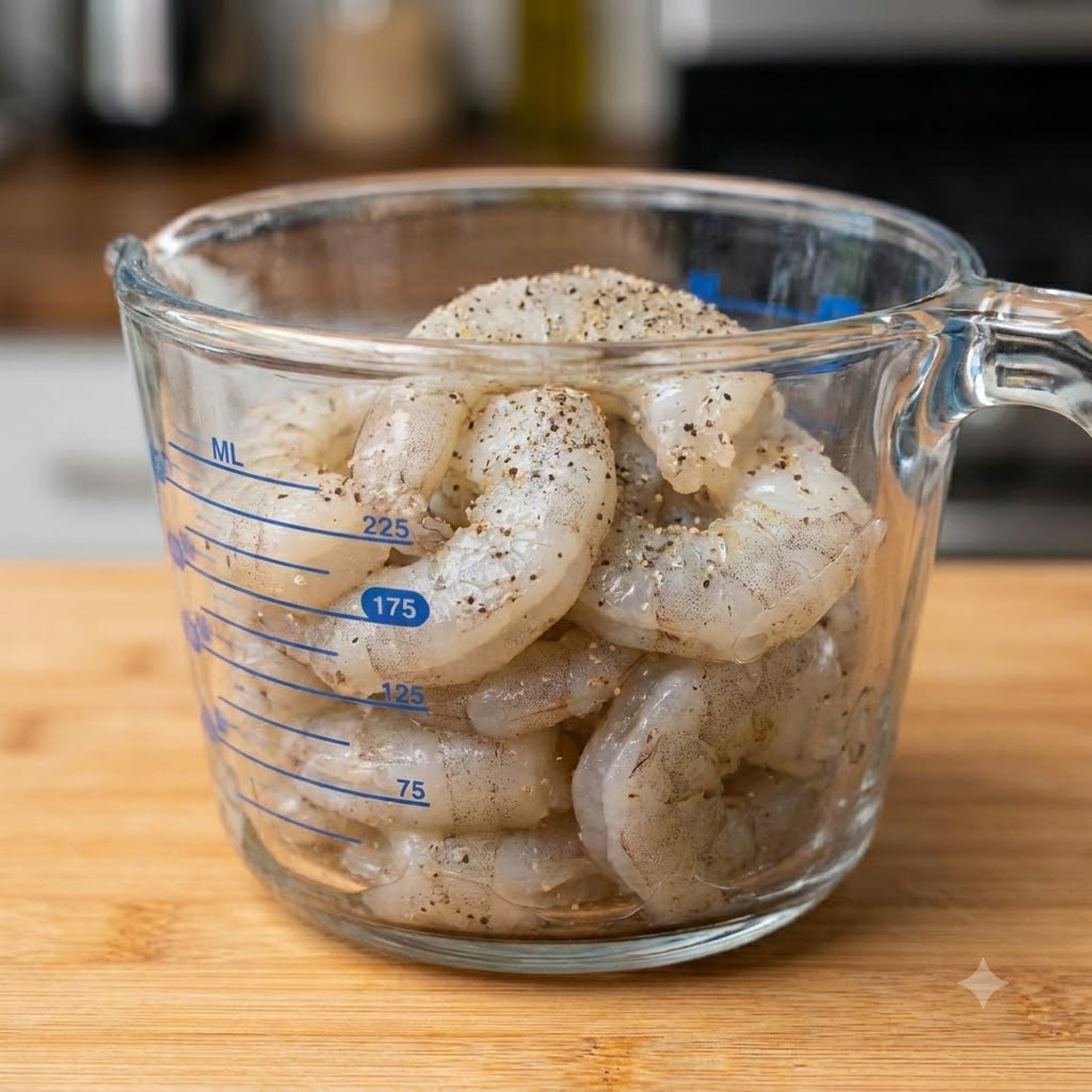 Seasoned shrimp being cooked in a black skillet using chopsticks.