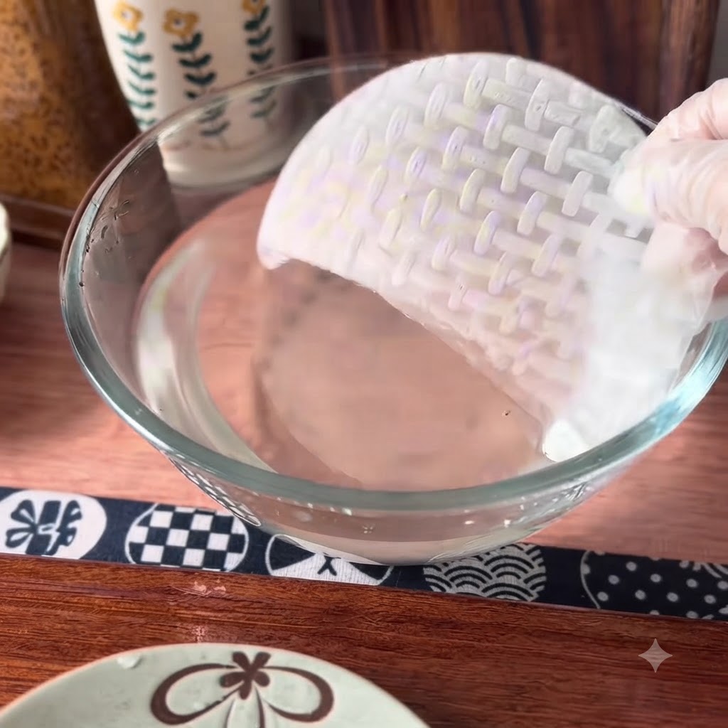 A dry spring roll wrapper being dipped into a bowl of warm water.