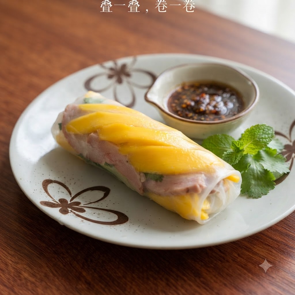 A freshly rolled Vietnamese spring roll positioned next to a small bowl of dipping sauce and fresh mint leaves on a patterned plate.