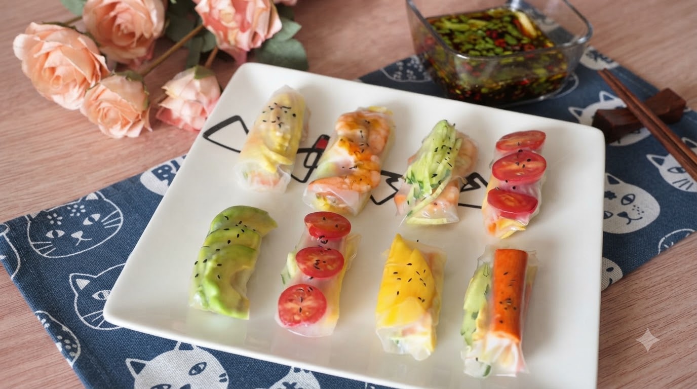 Colorful Vietnamese spring rolls artfully arranged on a white plate with a black-and-white cat pattern tablecloth.