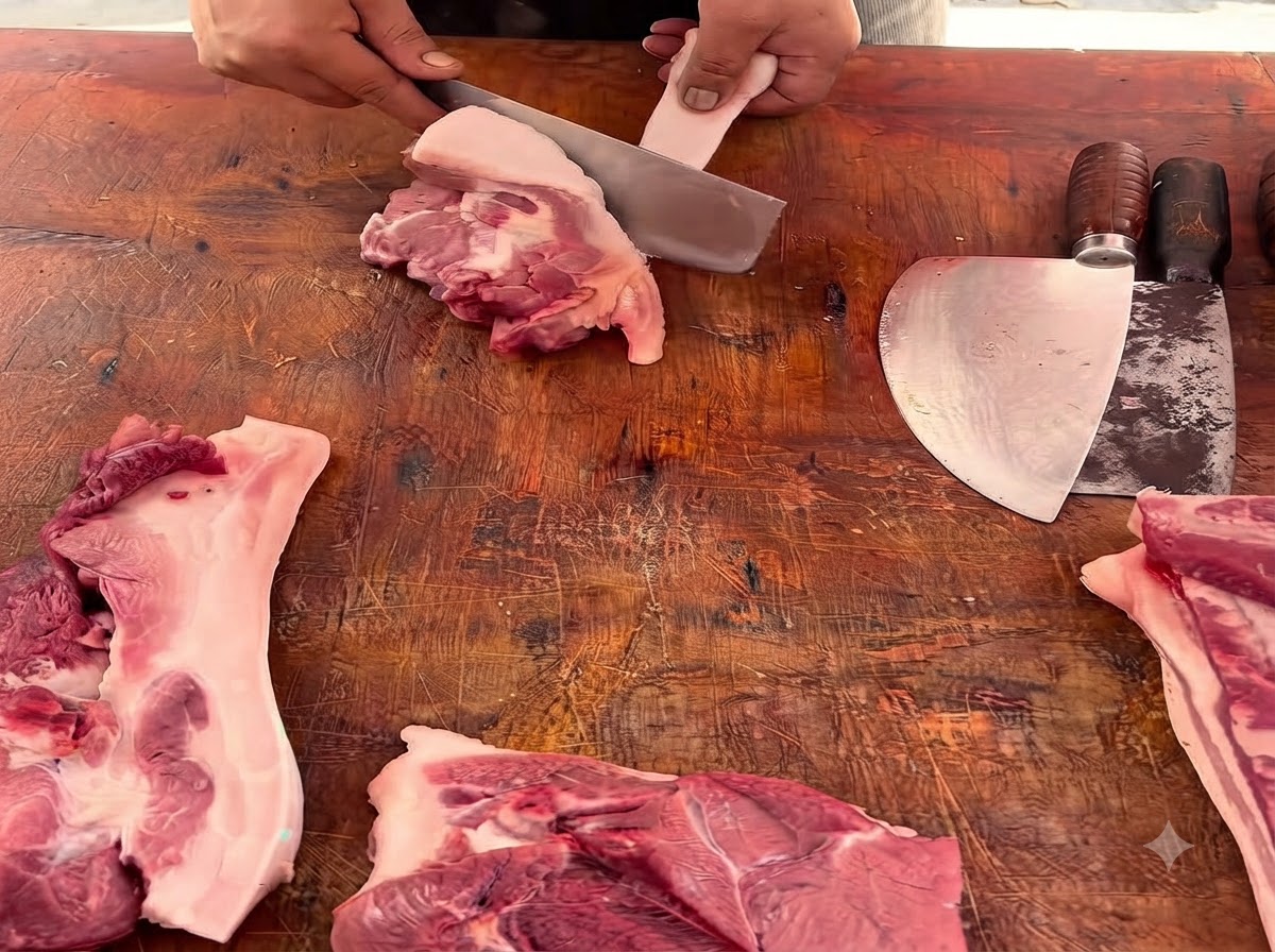 A close-up view of a person using a heavy cleaver to cut a slab of pork on a wooden cutting board.
