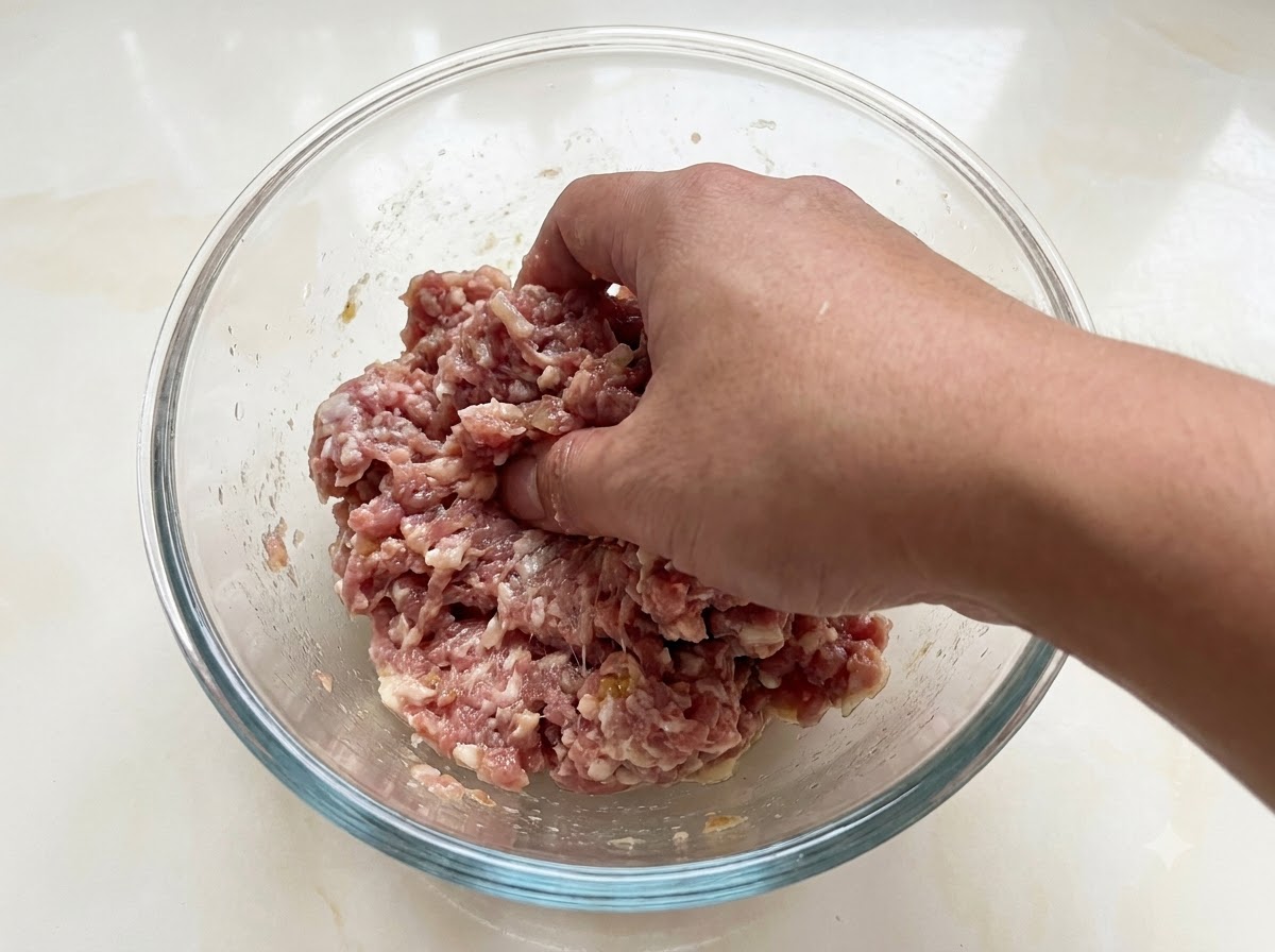 A hand mixing and kneading seasoned minced pork inside a glass bowl.