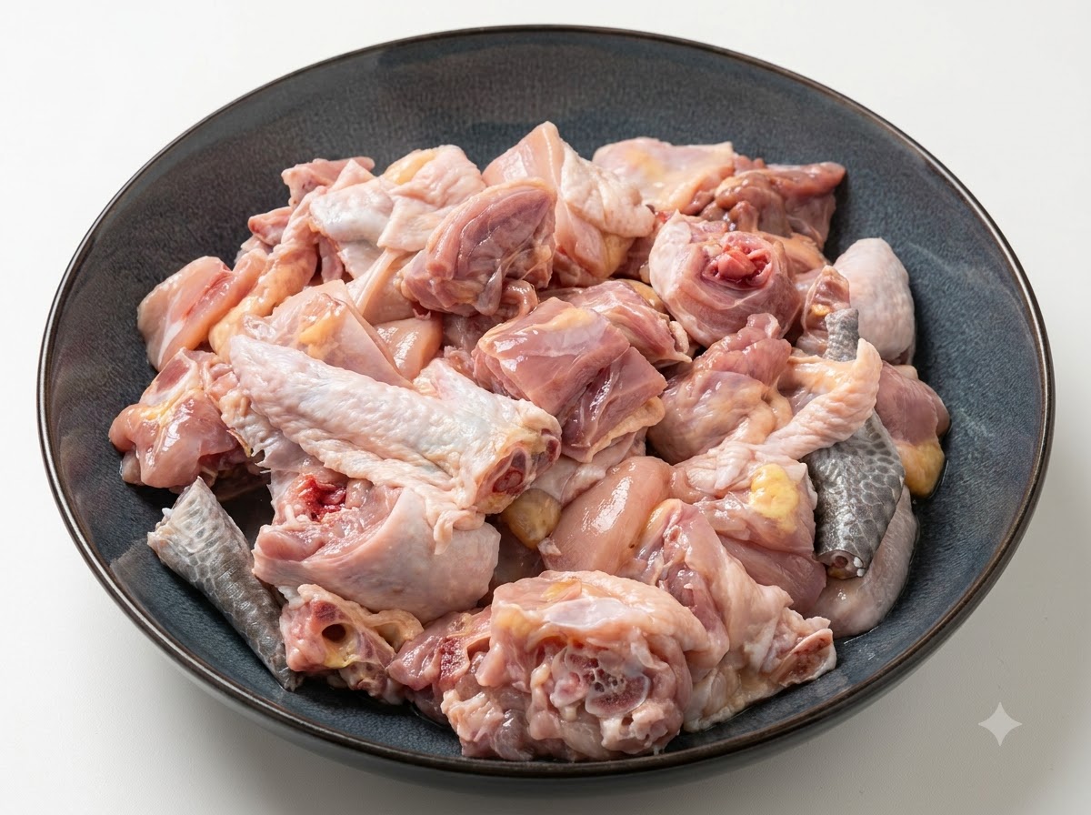 Small chicken pieces in a dark bowl being mixed with seasonings by gloved hands.