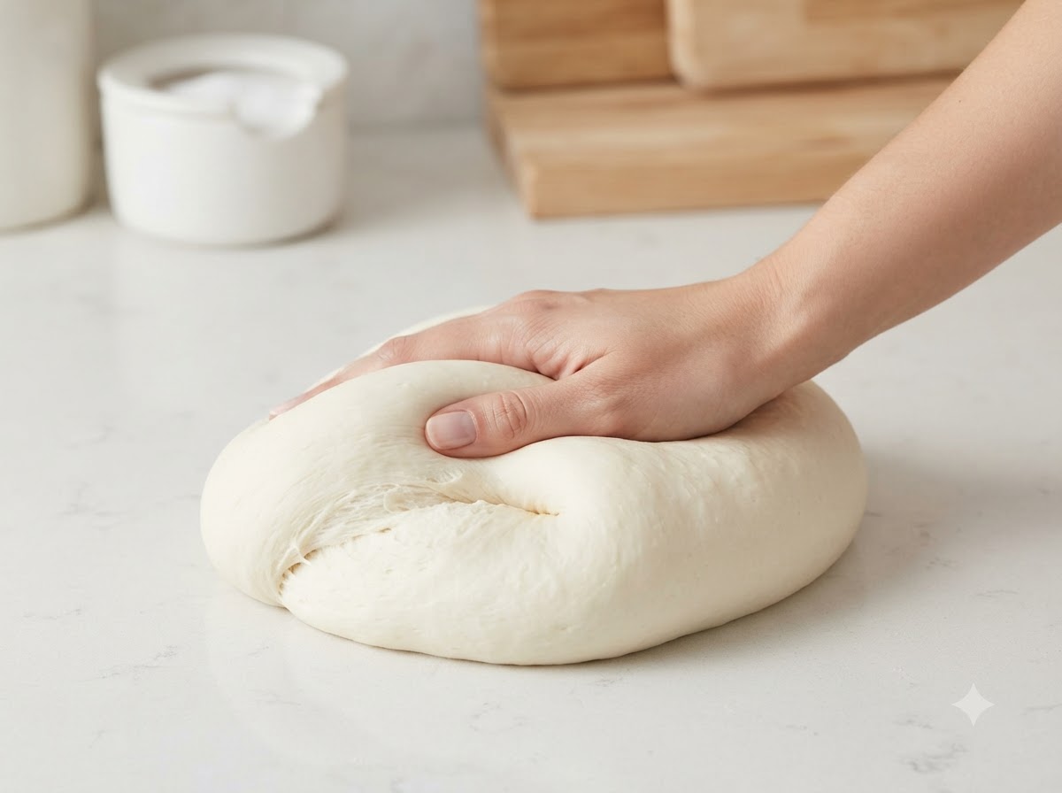A hand kneading and pressing smooth dough on a clean white countertop surface.