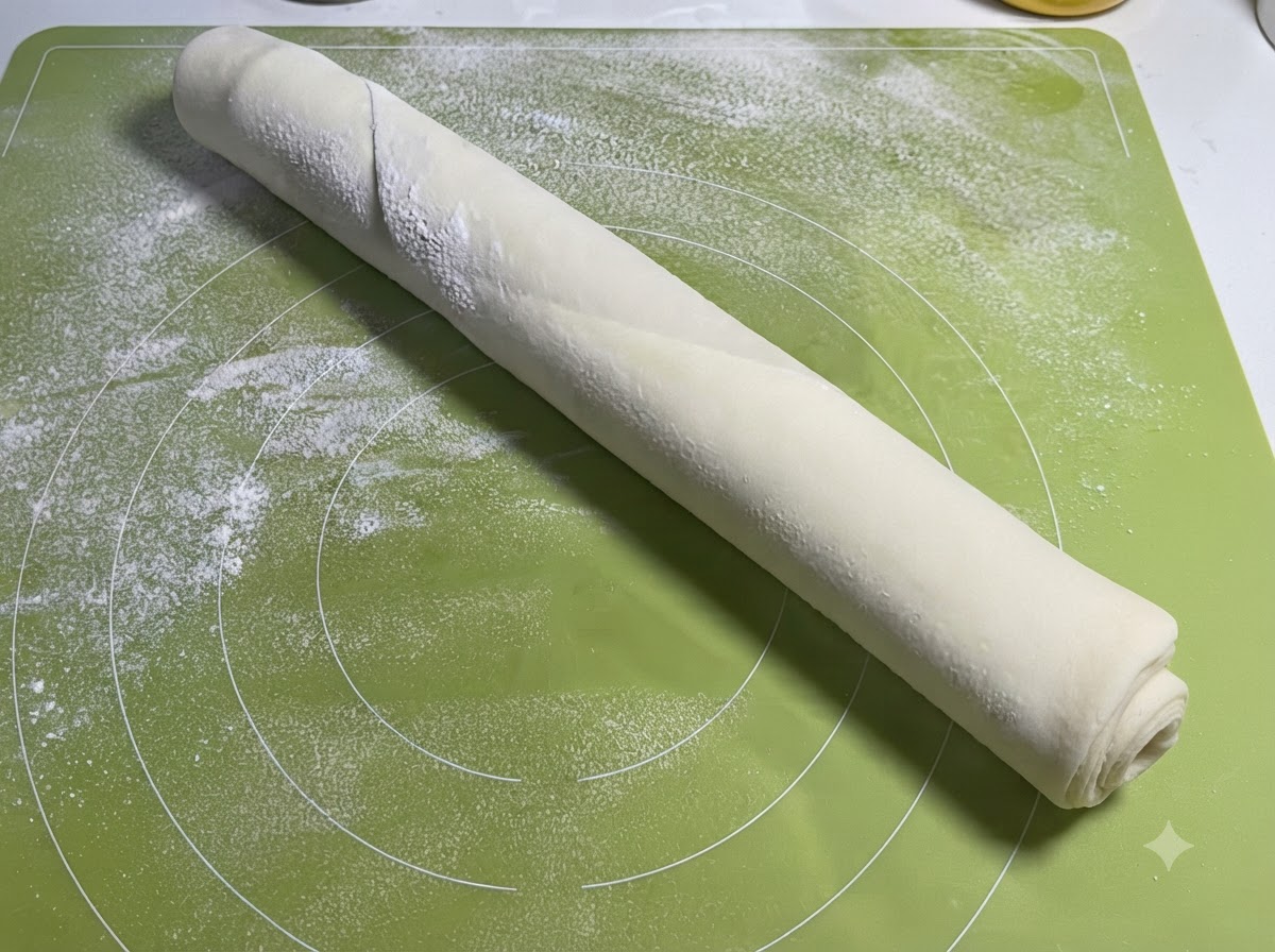 A rolled-up sheet of flat dough dusted with flour resting on a green silicone mat.