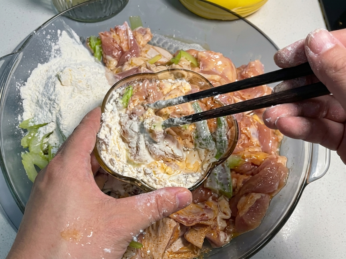 Starch batter being poured from a small bowl into a larger glass bowl containing marinated chicken and sliced celery.