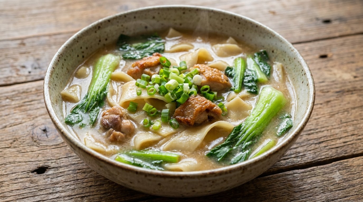 A bowl of pan-fried chicken and wide flat wheat noodles in a rich, savory broth, topped with vibrant green bok choy and fresh chopped scallions.