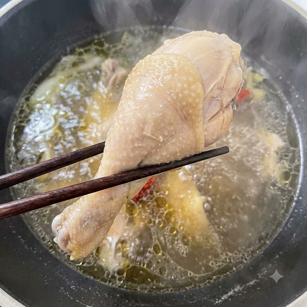 A pair of chopsticks lifting a cooked chicken thigh out of a simmering broth.