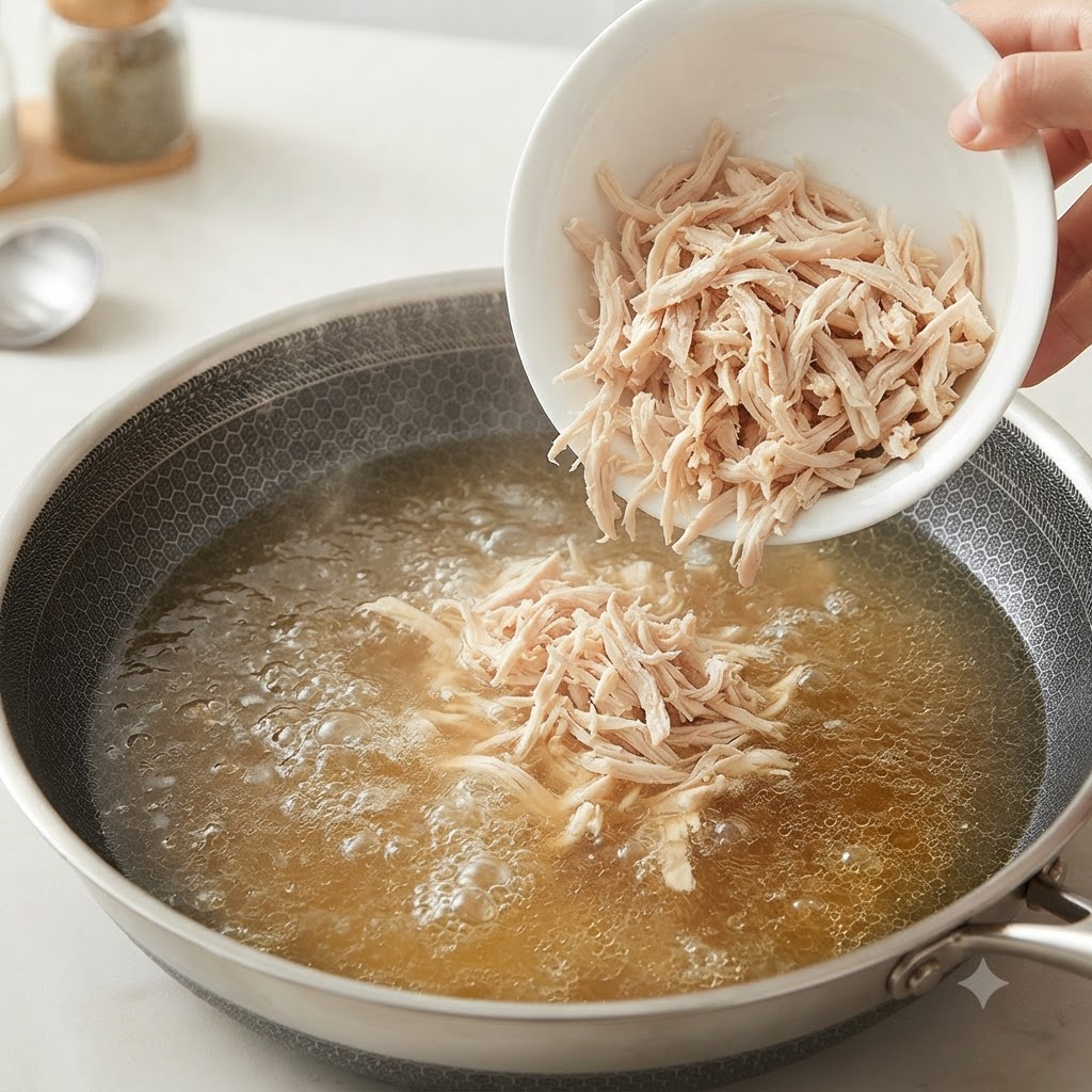 Shredded chicken being poured from a white bowl into a pan of boiling chicken broth.