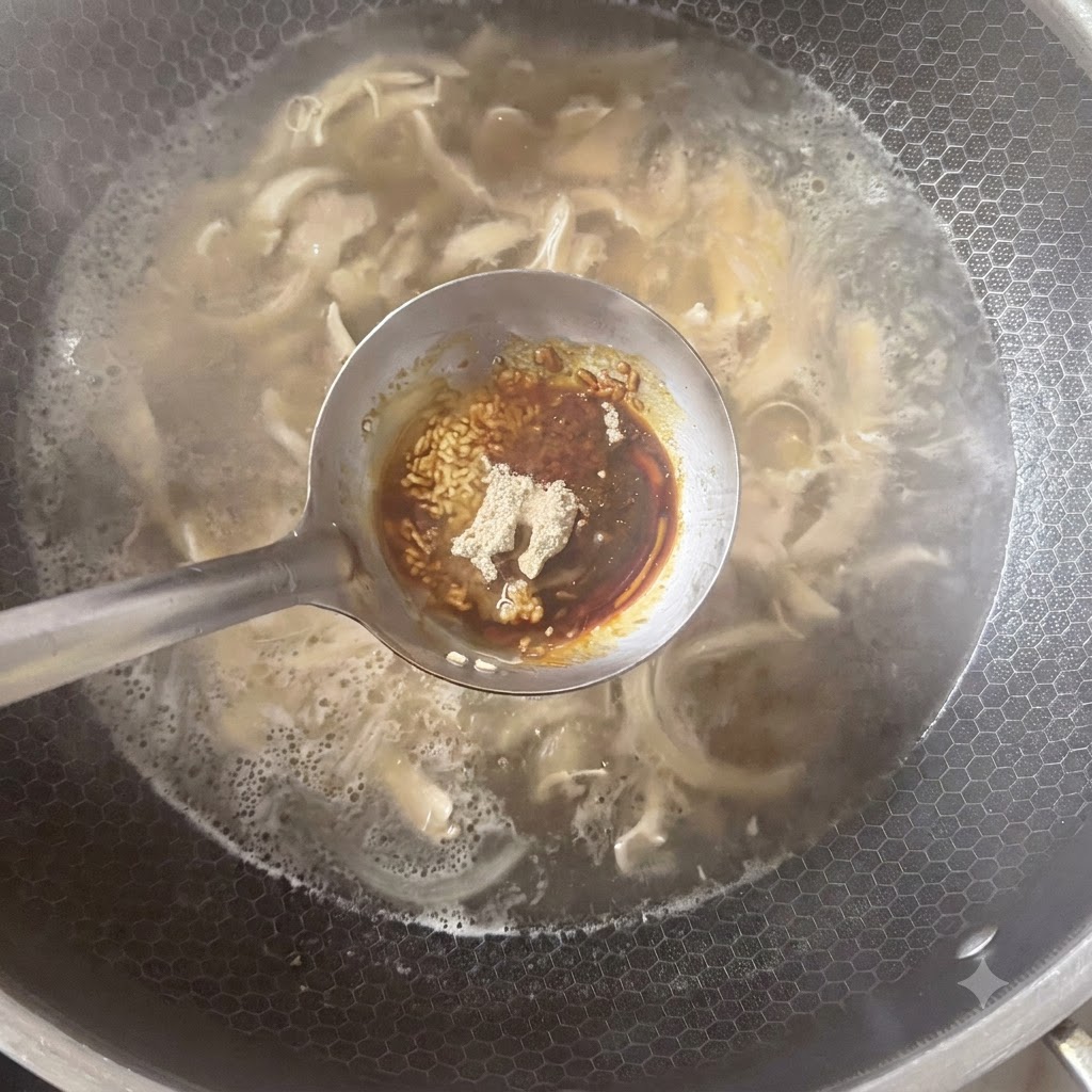 A ladle holding various seasonings, including white pepper powder and sauces, positioned above a simmering pot of soup.