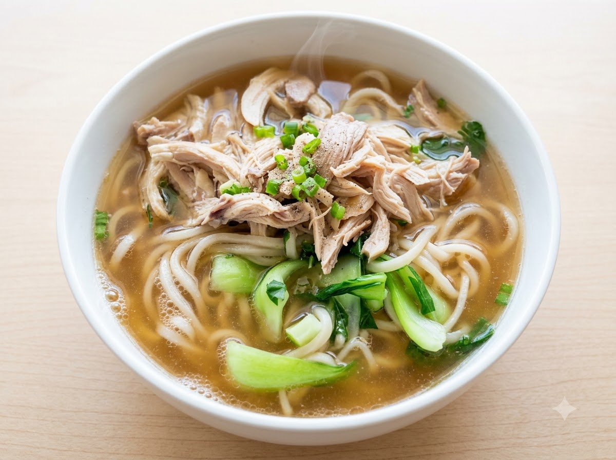 A finished bowl of shredded chicken noodle soup garnished with chopped scallions and cilantro.