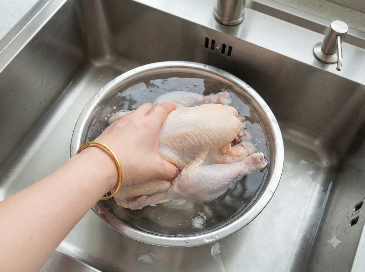 A cleaned whole chicken being lowered into a stainless steel pot of water.