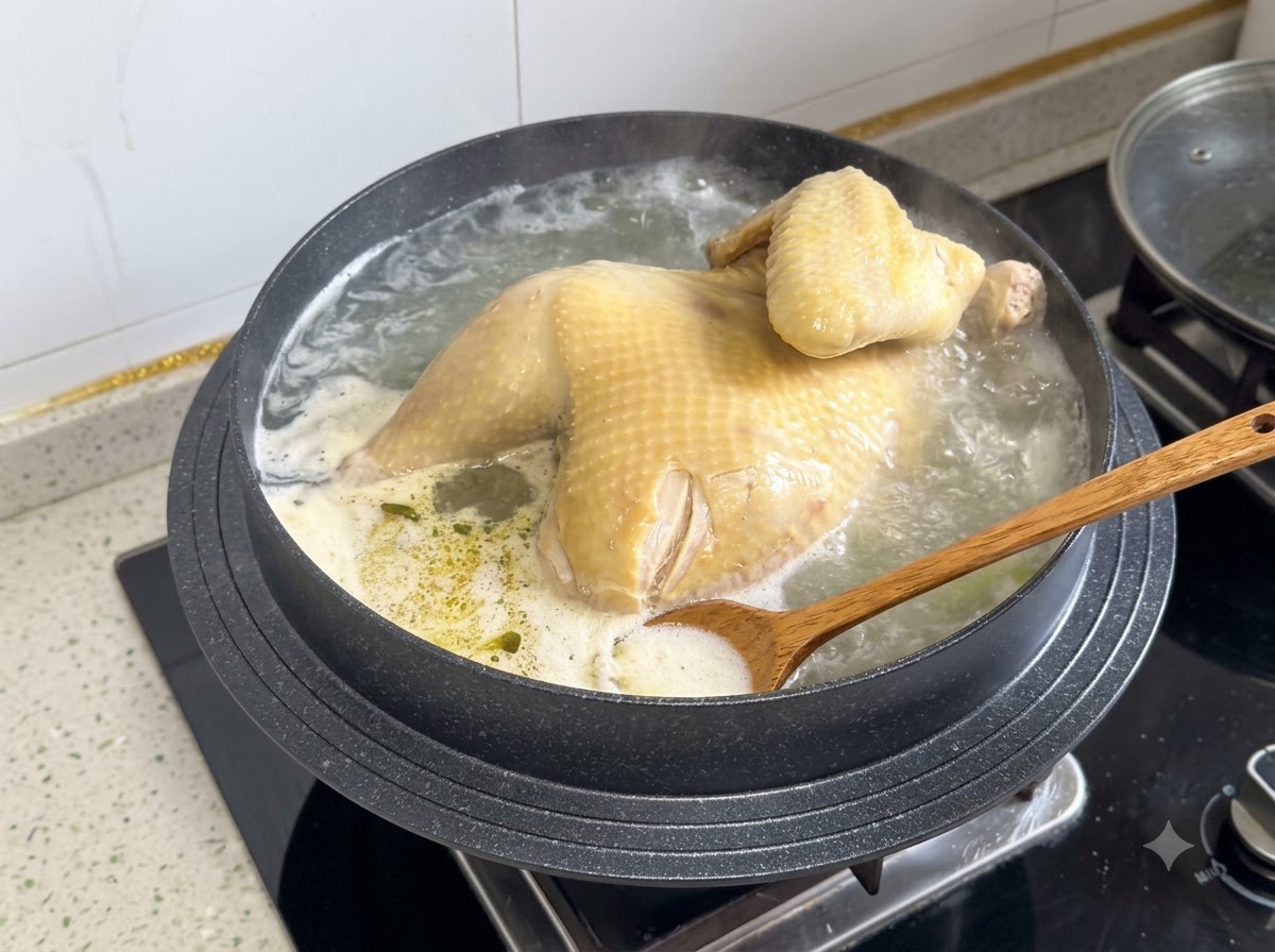 A wooden spoon scooping out foam and oil from the surface of boiling chicken broth.