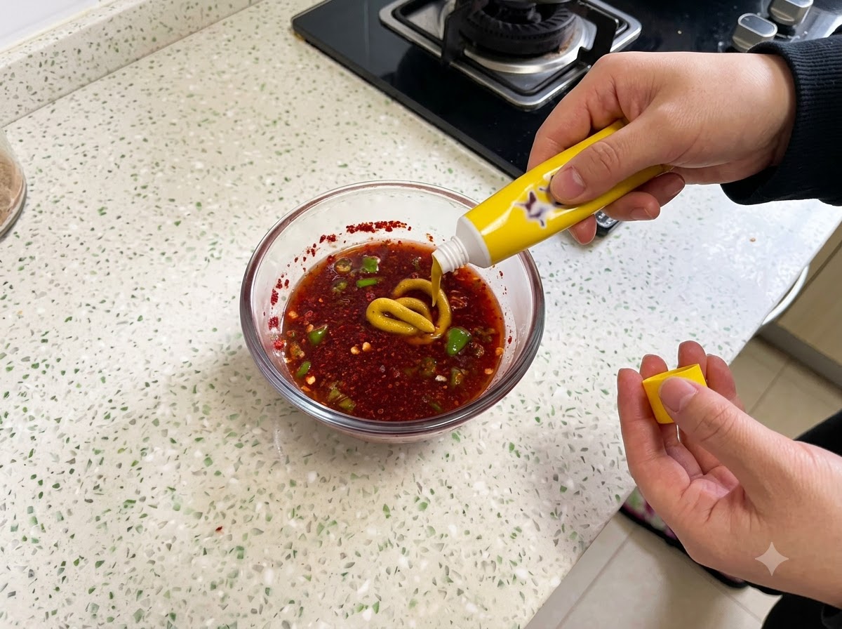 Yellow mustard being squeezed into a glass bowl containing mixed sauce ingredients and chili powder.