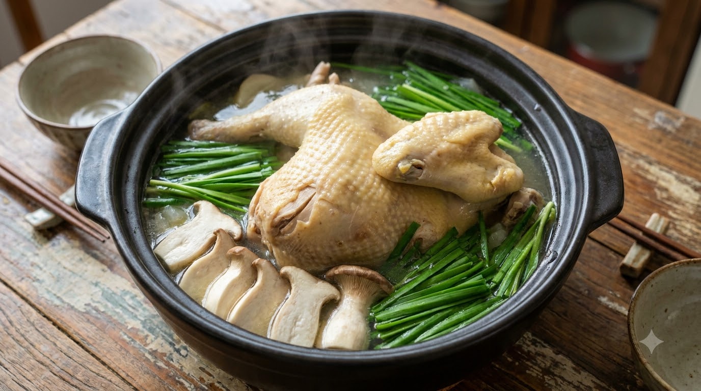 Clear Stewed Whole Chicken Soup with Special Garlic Chili Sauce and Udon Noodles