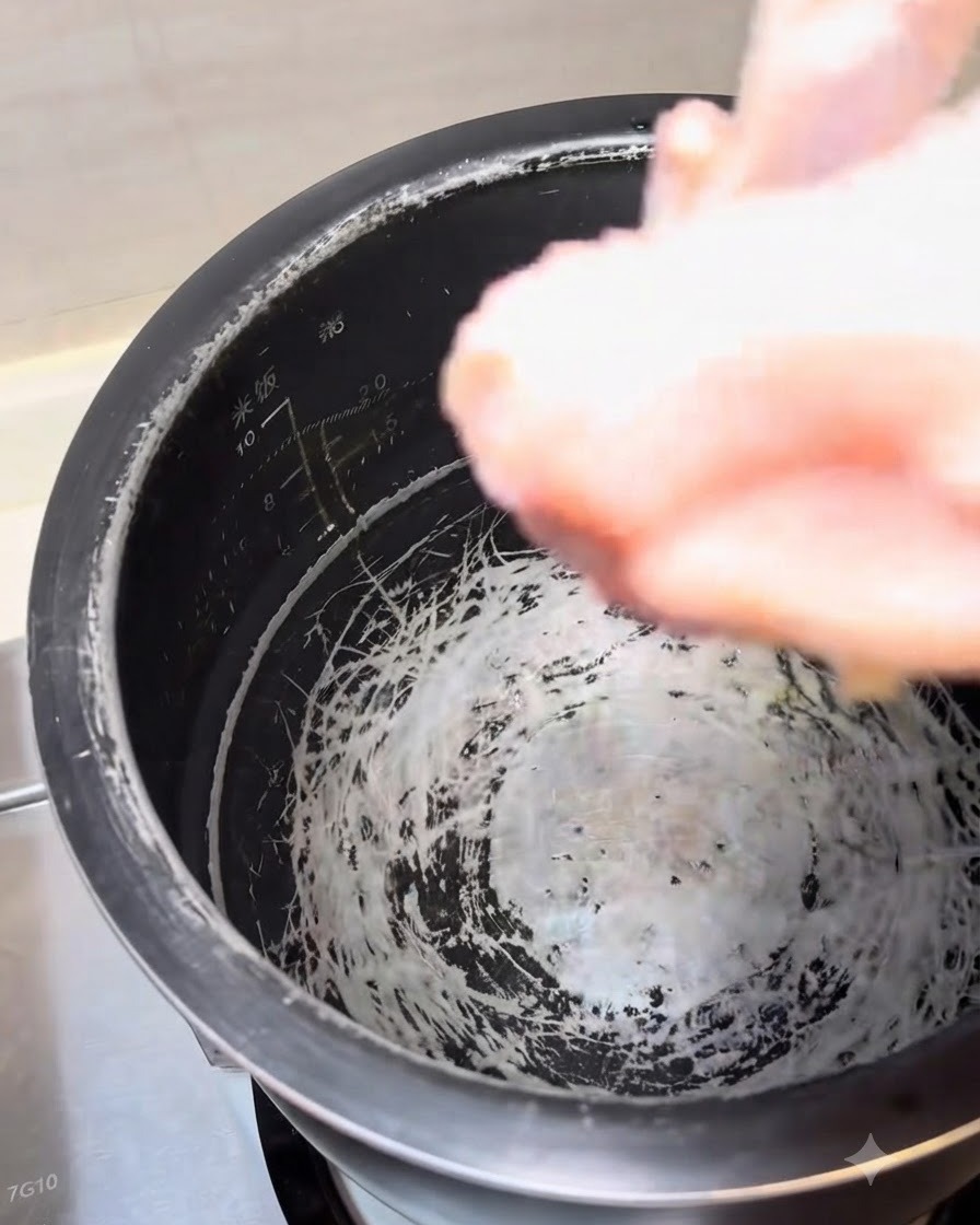 Whole chicken parts being placed into a rice cooker pot with water for stewing.