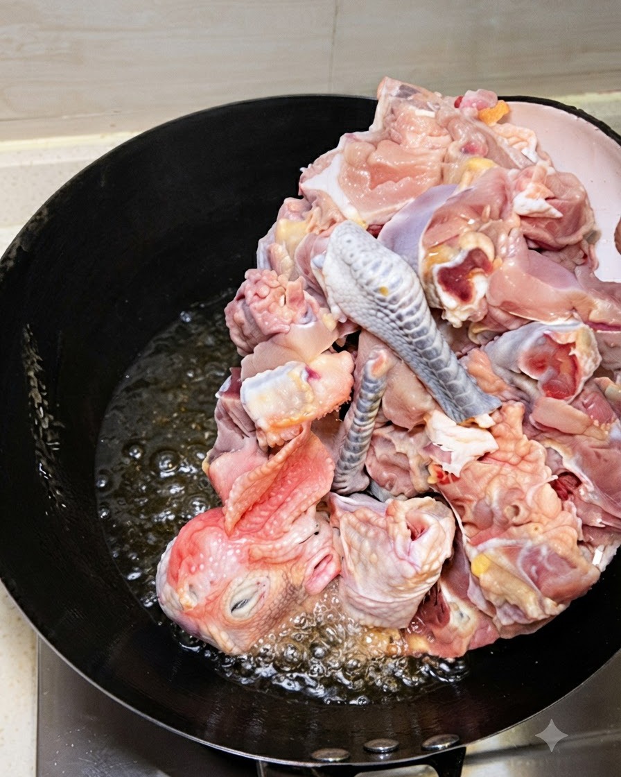Raw chopped chicken pieces sliding into a wok containing hot oil and fried ginger.