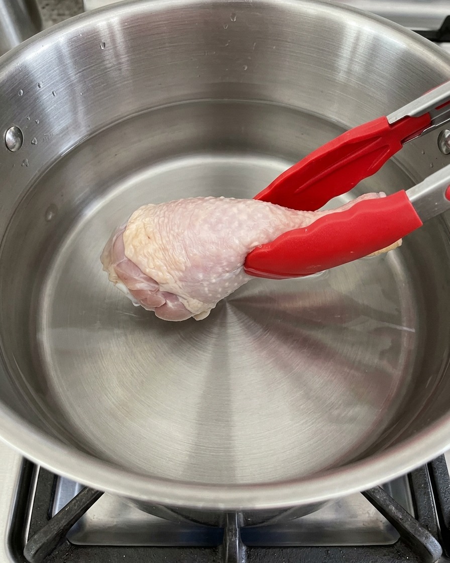 A chicken leg being placed with tongs into a stainless steel pot filled with cold water.