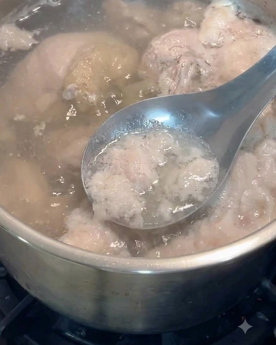 A metal spoon scooping gray foam and impurities from boiling water containing chicken pieces.