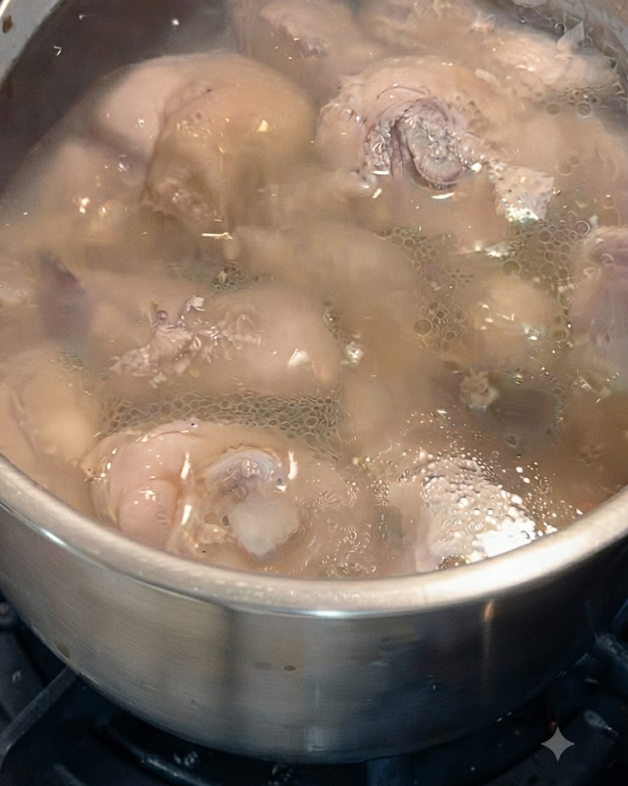 Blanched chicken pieces simmering or soaking in water after the initial boil.