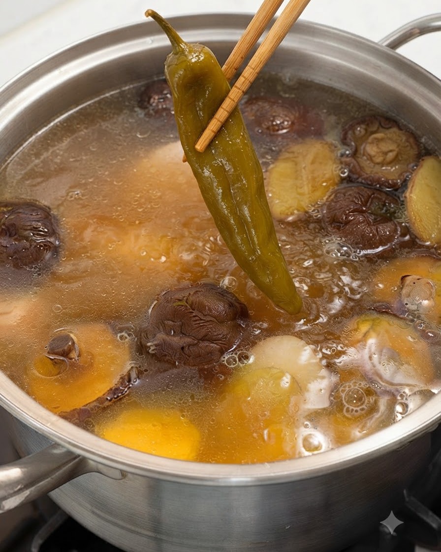 Chopsticks holding a whole pickled green chili pepper over a pot of steaming chicken and mushroom soup.
