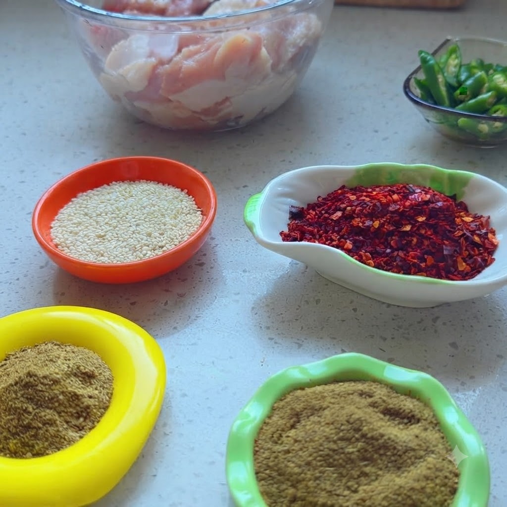 A collection of small bowls filled with various spices, white sesame seeds, and chopped ingredients laid out on a countertop.