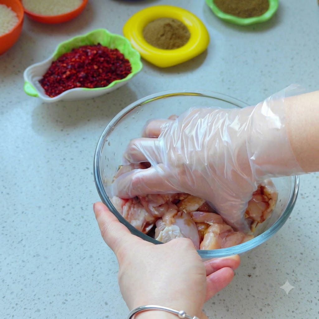 A hand wearing a plastic glove thoroughly mixing raw chicken pieces inside a clear glass bowl.
