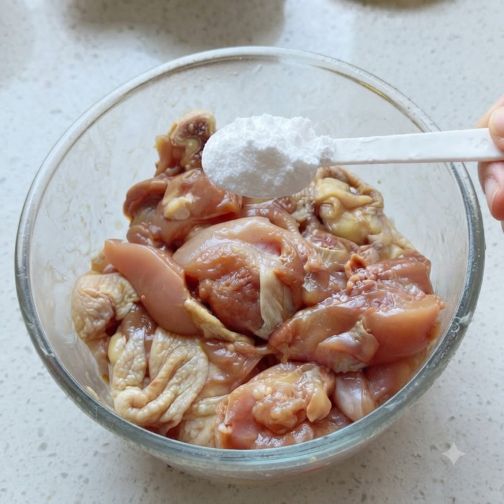 A white spoon holding a portion of starch positioned over a glass bowl of seasoned chicken pieces.