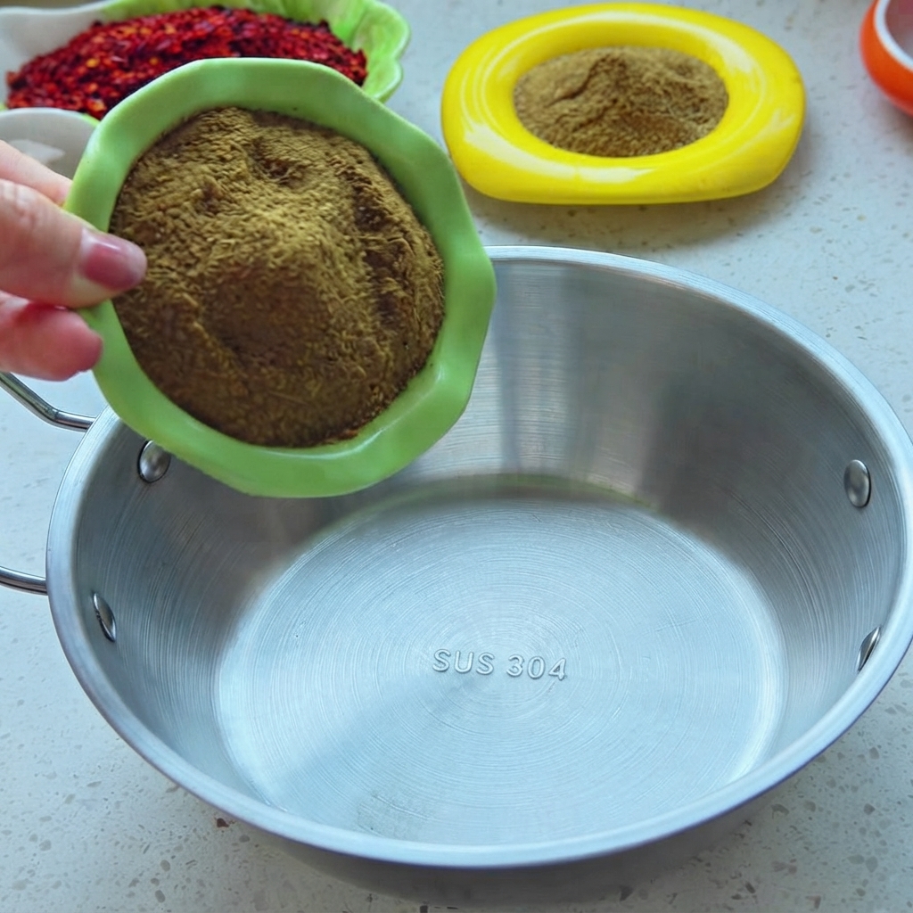 A green bowl pouring powdered dry spices into a stainless steel metal container.