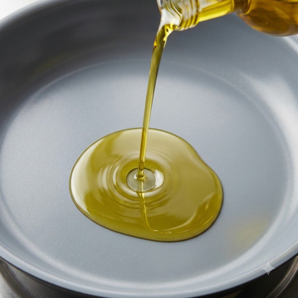 Cooking oil being poured from a bottle into the center of a grey frying pan, creating ripples.