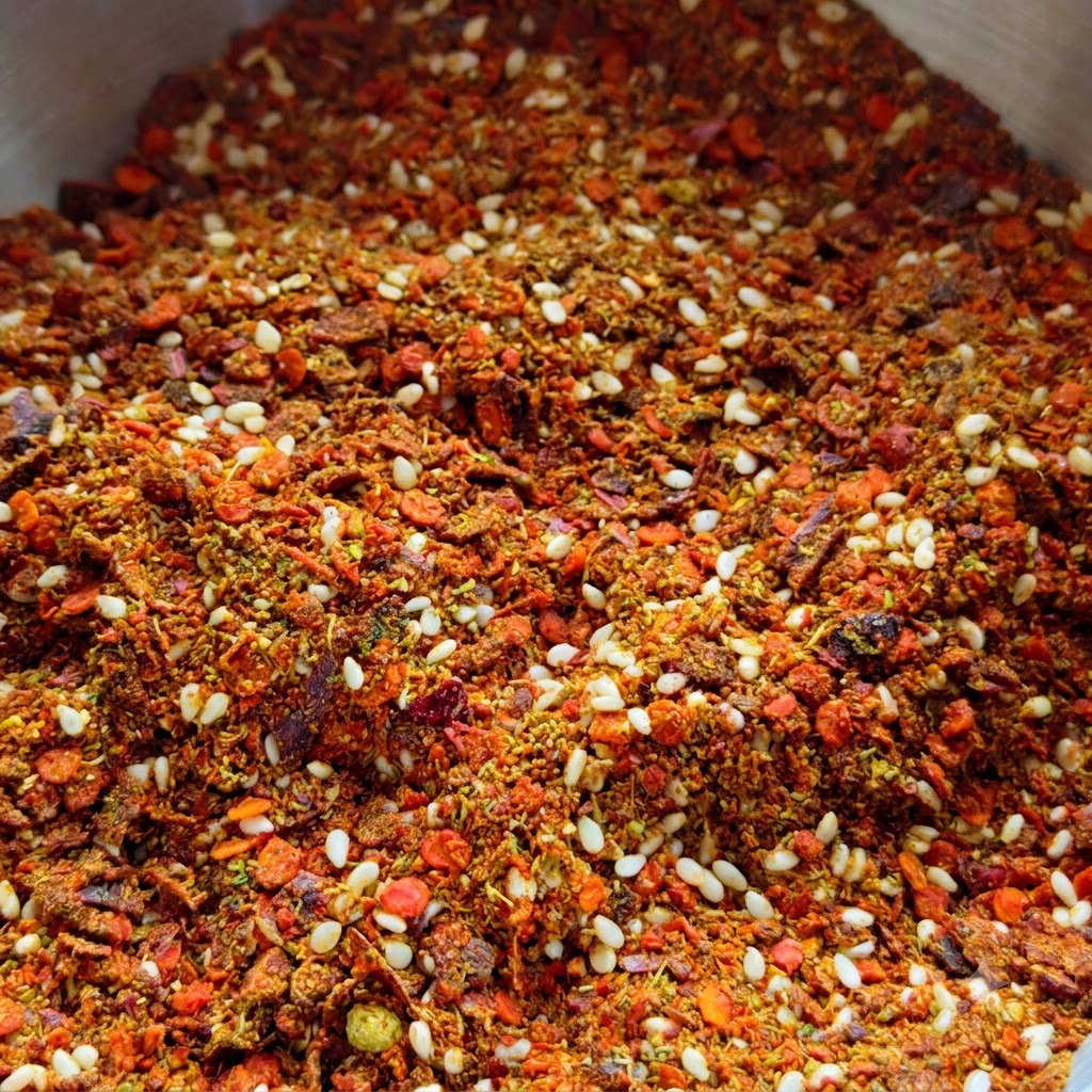 Hot oil being poured in batches over the mixed dry spices in the metal container.