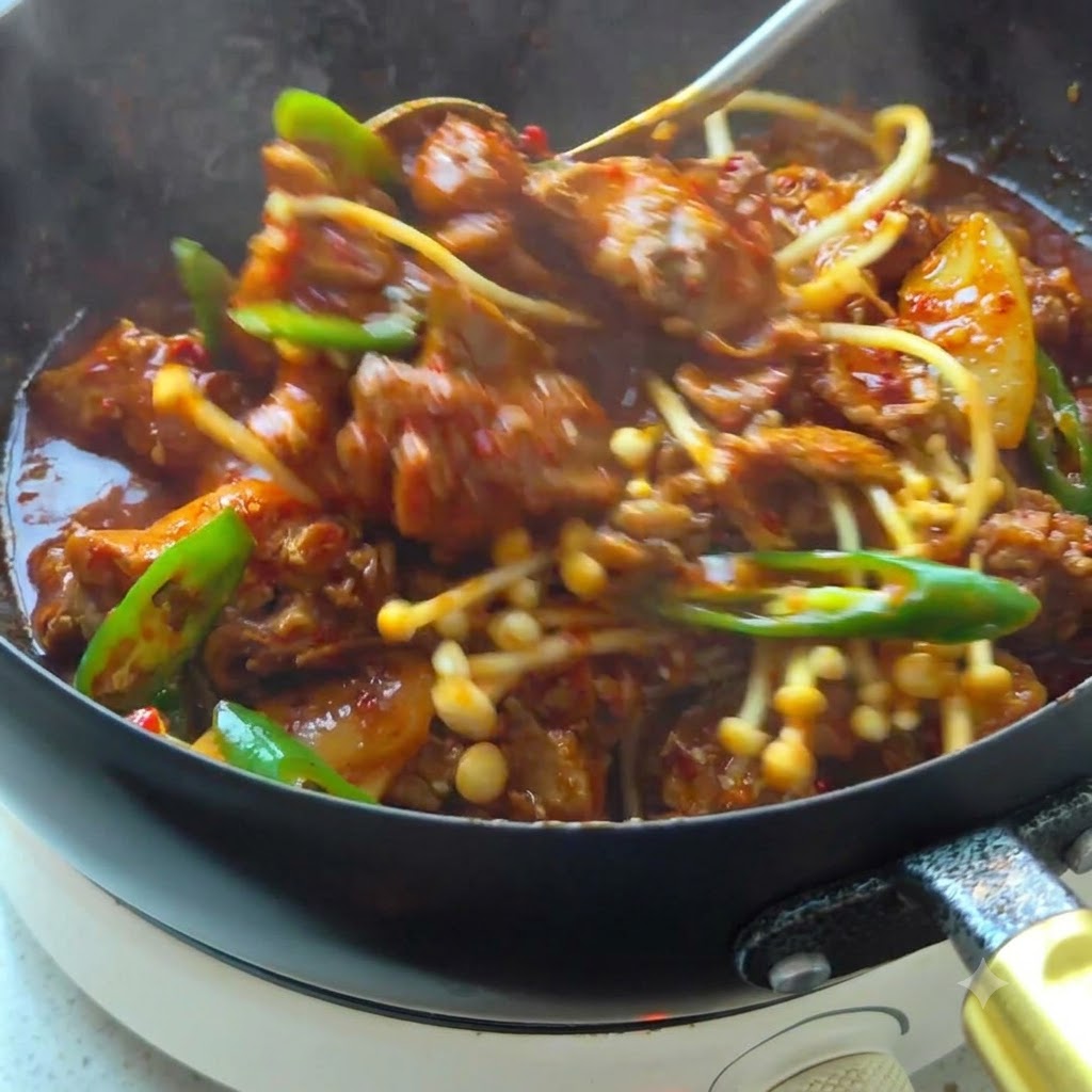 Chicken pieces being stir-fried in the wok until the surface turns golden brown.