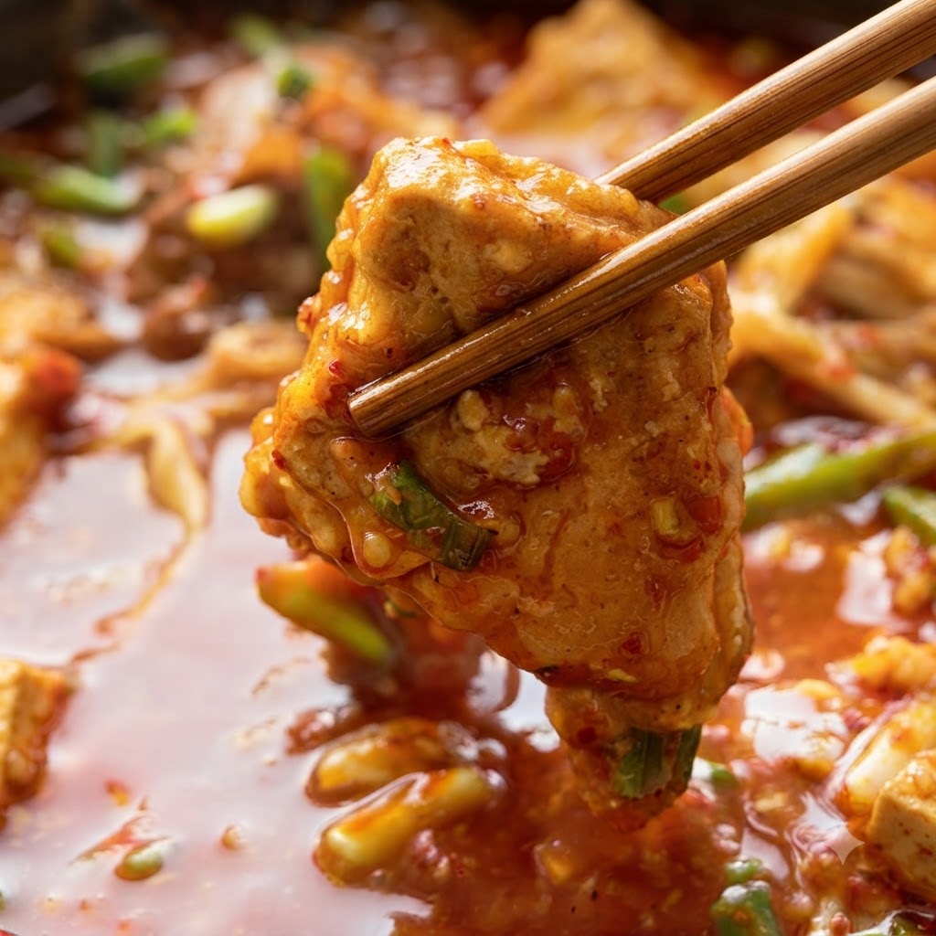 The prepared red chili and spice sauce being poured entirely into the wok with the chicken.