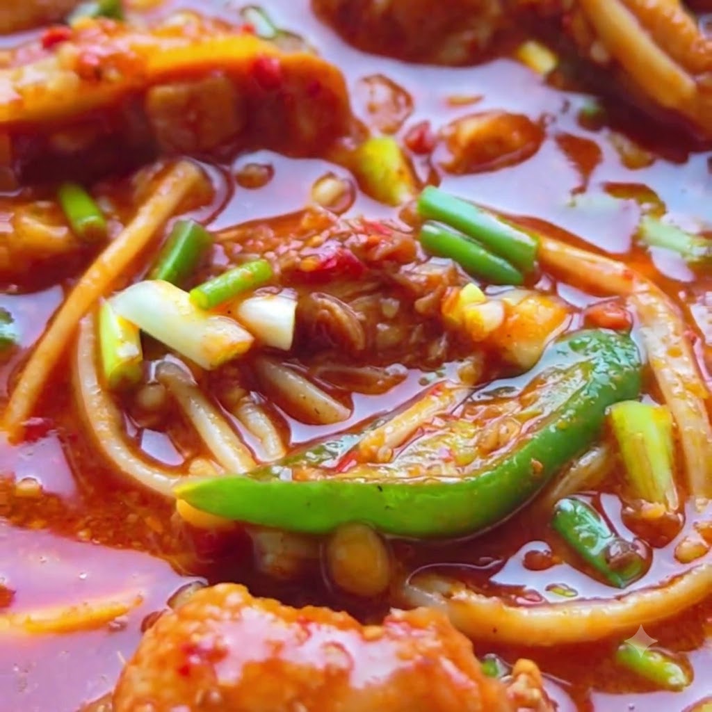 Hot water being poured into the wok over the chicken and spices.