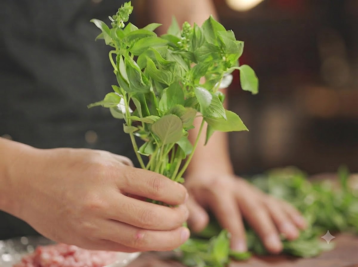 Fresh green basil leaves being separated from their stems onto a white plate.