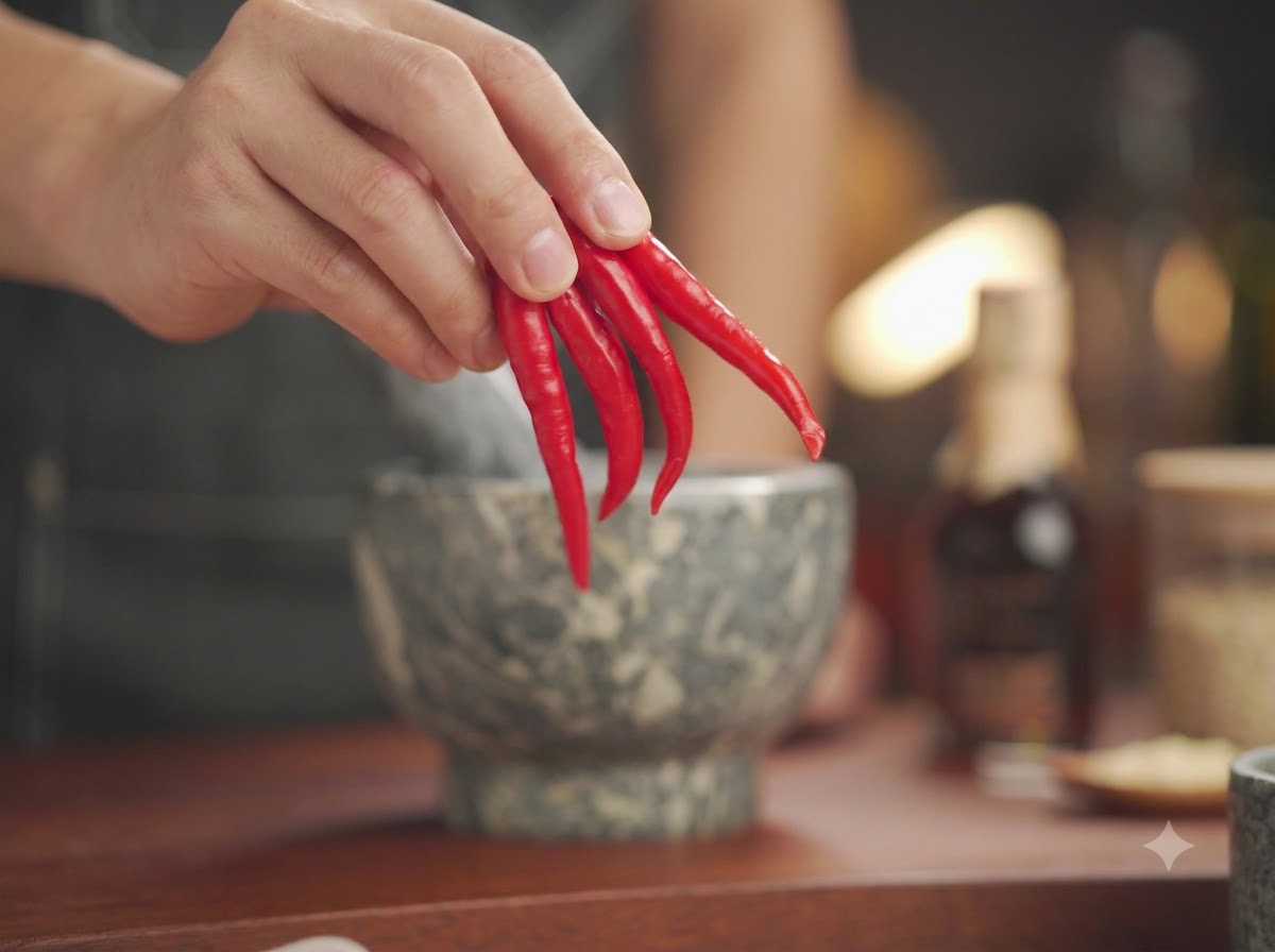 Red chili peppers and garlic cloves being added into a stone mortar bowl.
