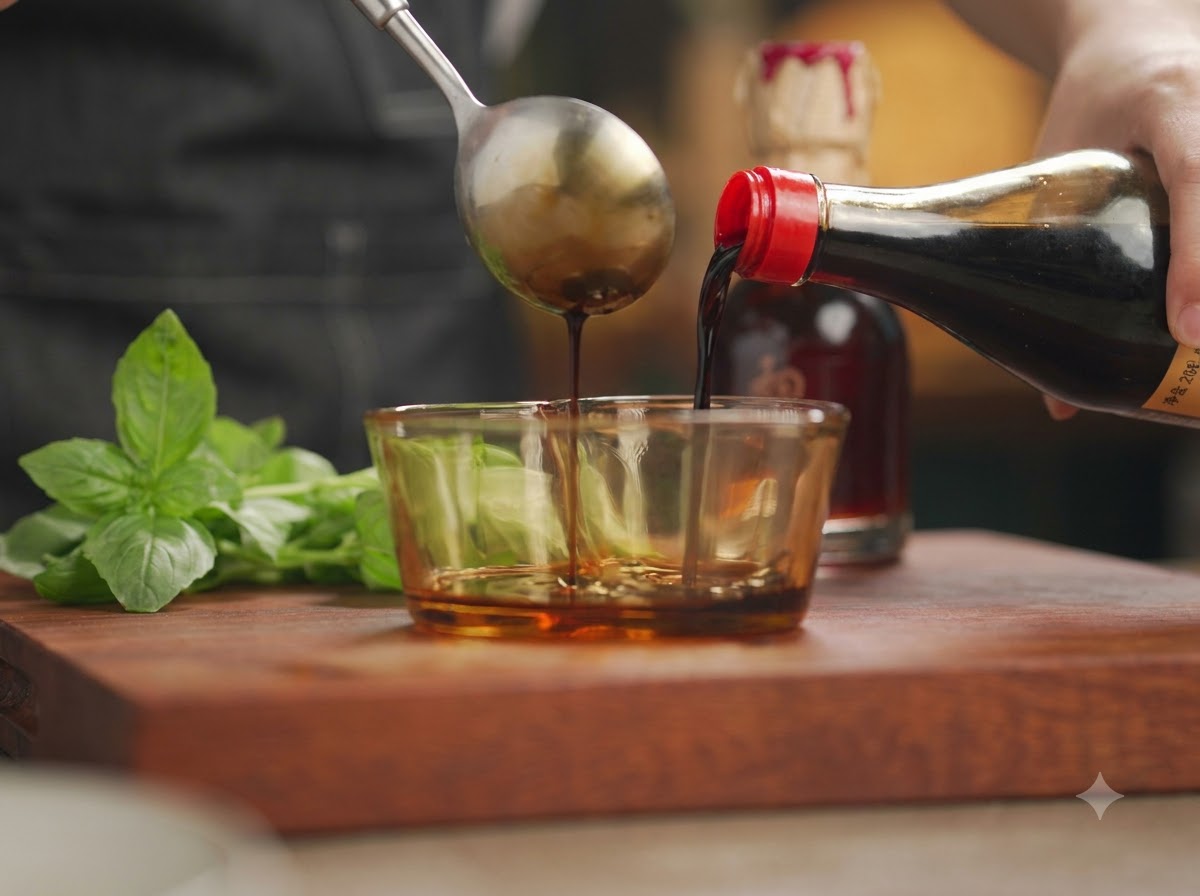 Light soy sauce and other liquids being poured from a bottle and spoon into a small glass bowl.