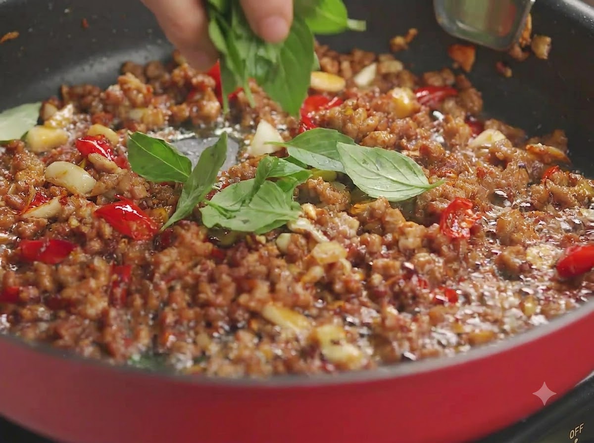 Fresh green basil leaves being dropped into the hot pan with cooked minced meat.
